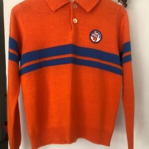 Men's Vintage Orange Polo-Style Knit Denver Broncos Sweater with Blue Stripes